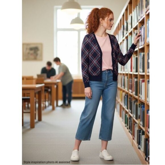 CHARTER CLUB - Navy blue/white/pink plaid cotton blend cardigan - Picture 2 of 12